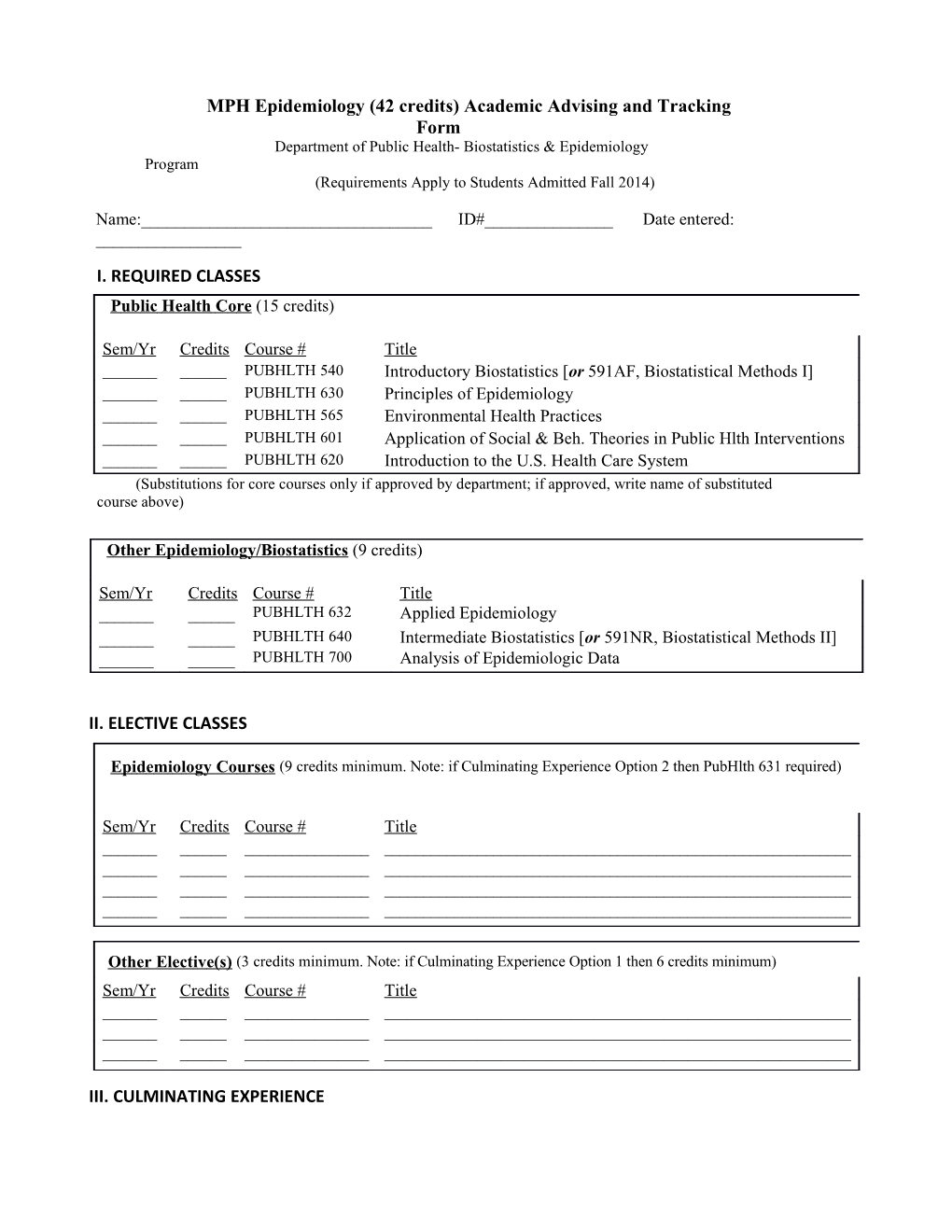 MPH Epidemiology Major (42 Credits) Academic Advising and Tracking Form