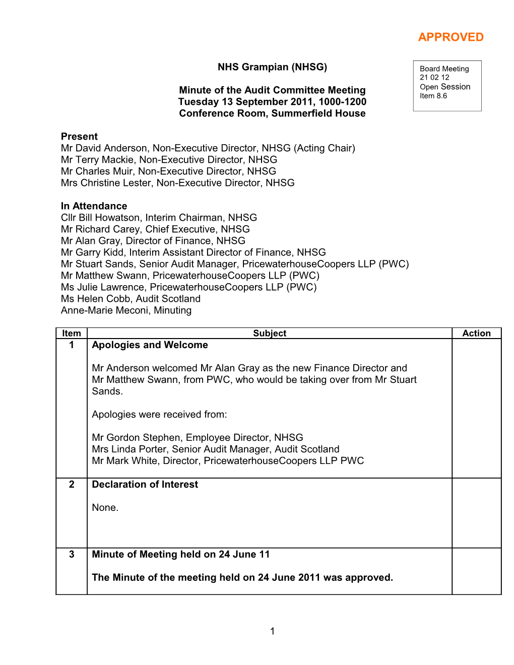 Item 8.6 for 21 Feb 2012 Audit Cttee Minute 13 Sep 2011