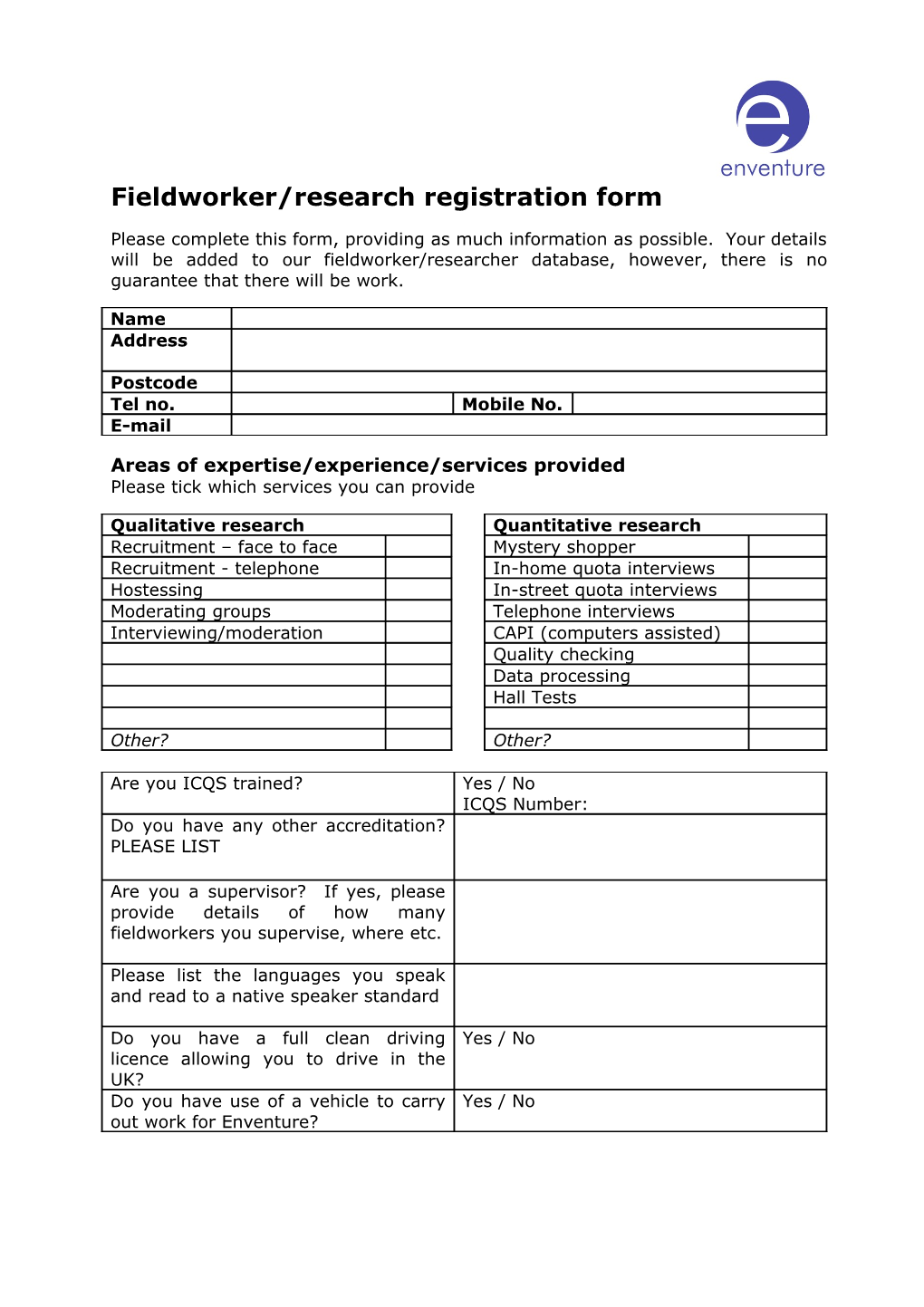 Fieldworker/Research Registration Form