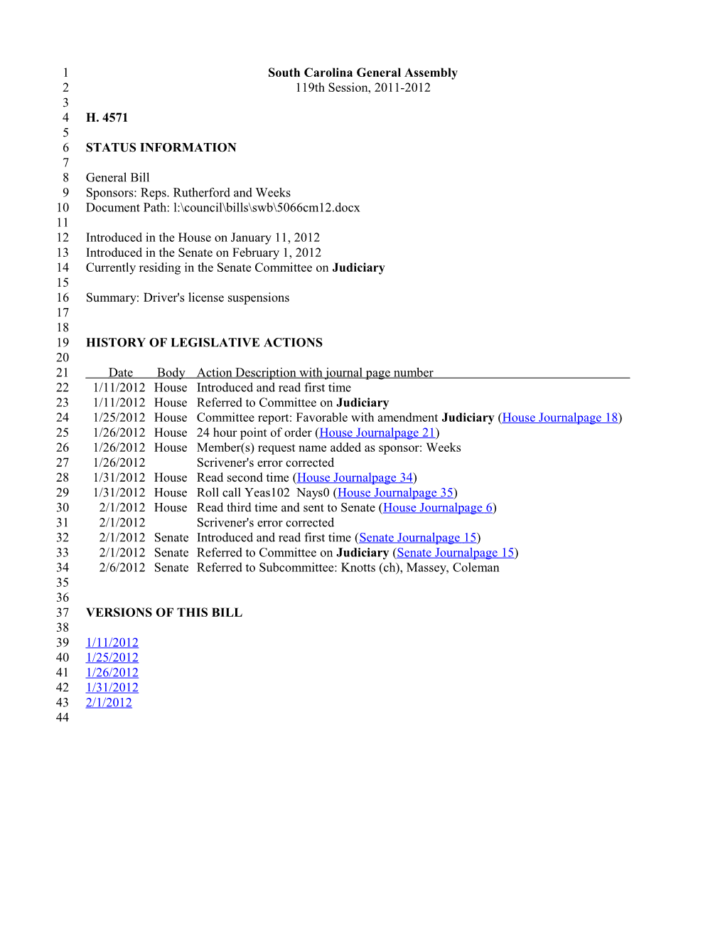 2011-2012 Bill 4571: Driver's License Suspensions - South Carolina Legislature Online