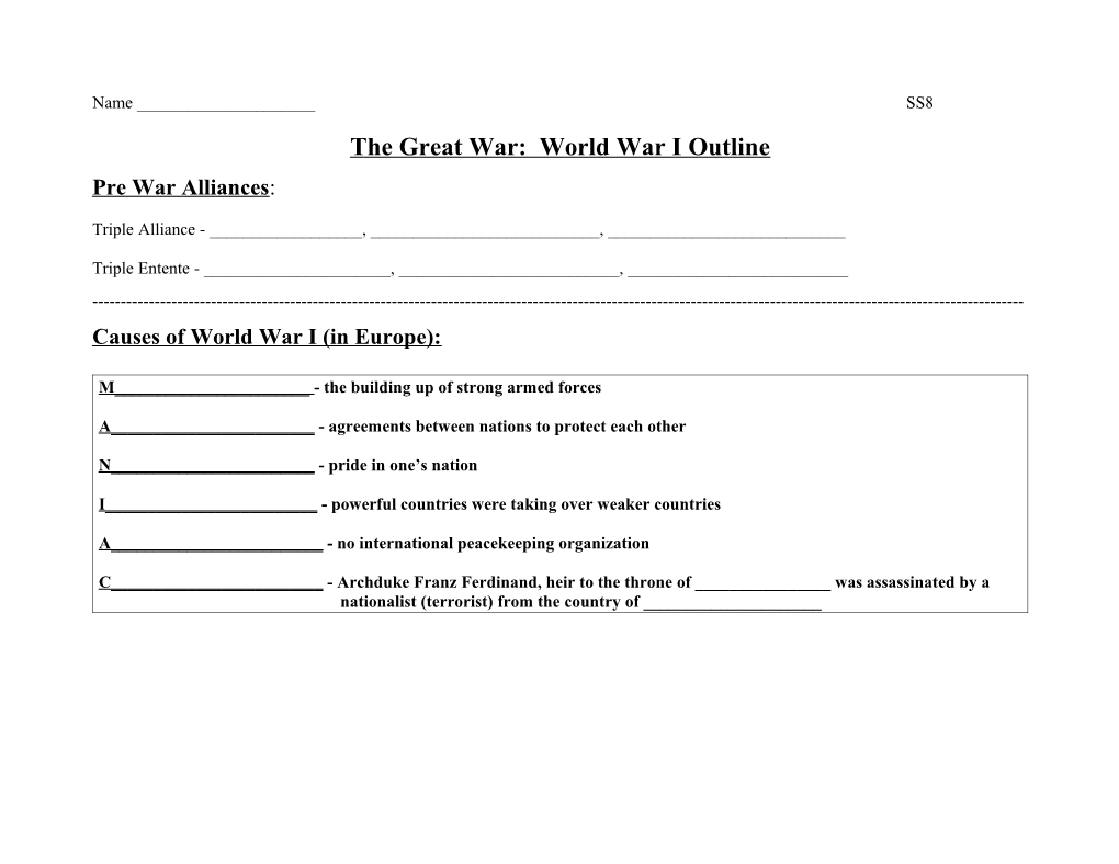 The Great War: World War I Outline