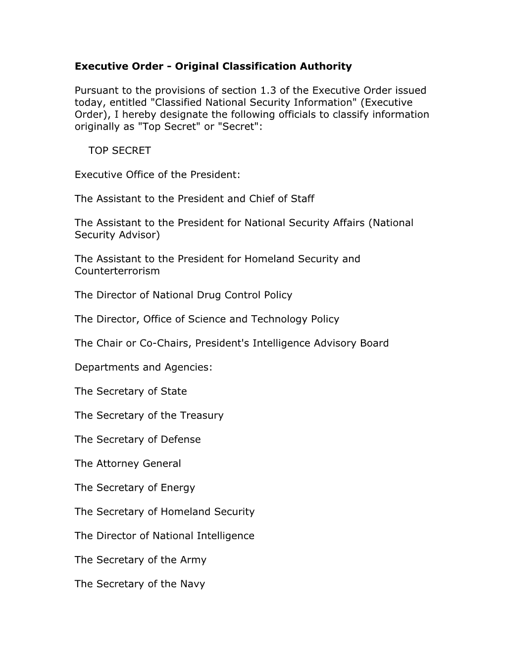 Executive Order - Classified National Security Information