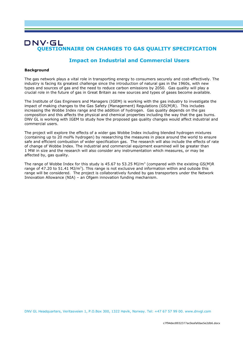 Questionnaire on Changes to Gas Quality Specification