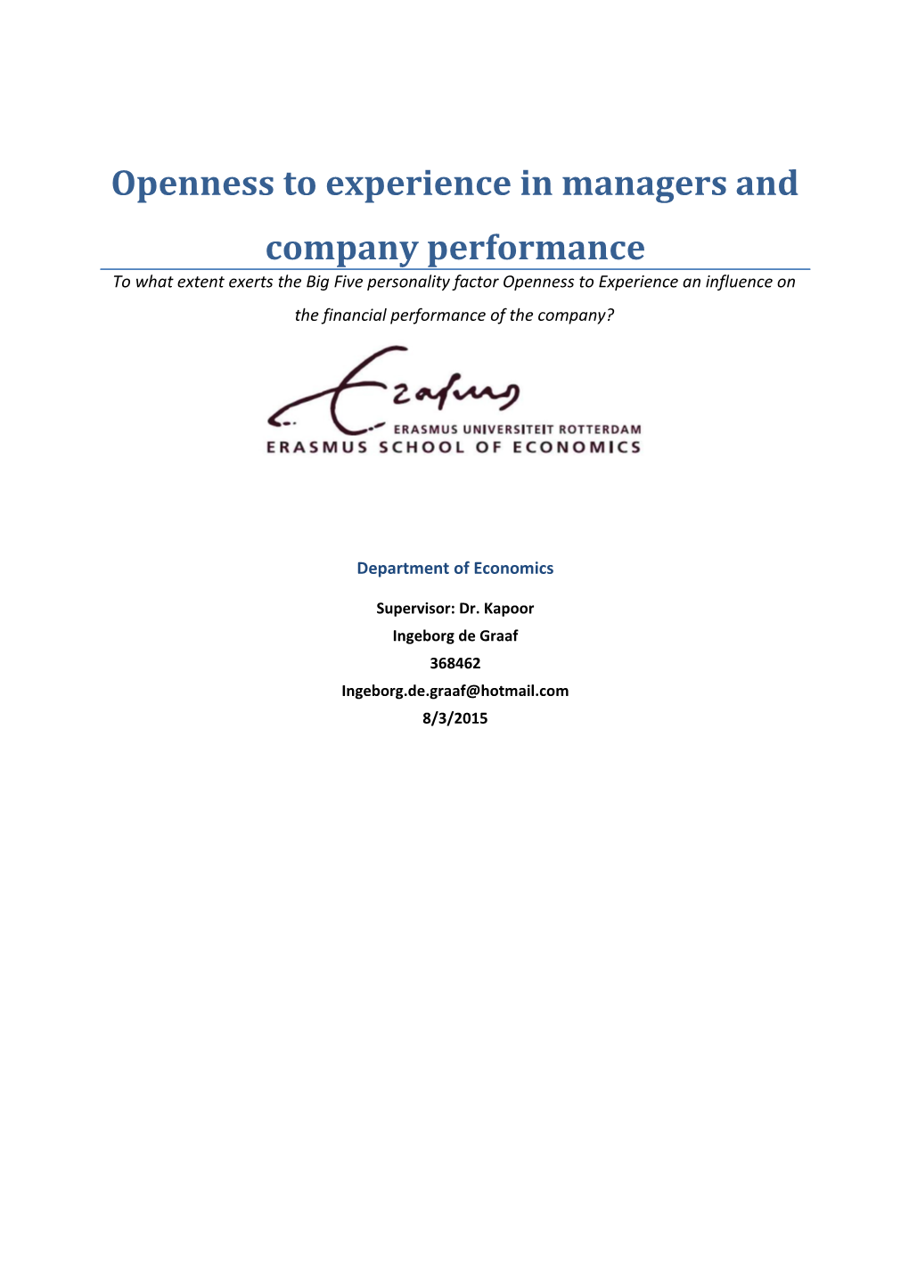 Openness to Experience in Managers and Company Performance