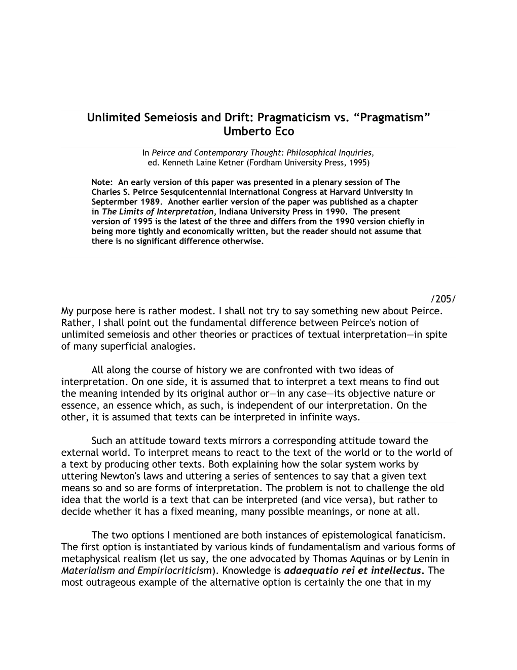 Unlimited Semeiosis and Drift: Pragmaticism Vs