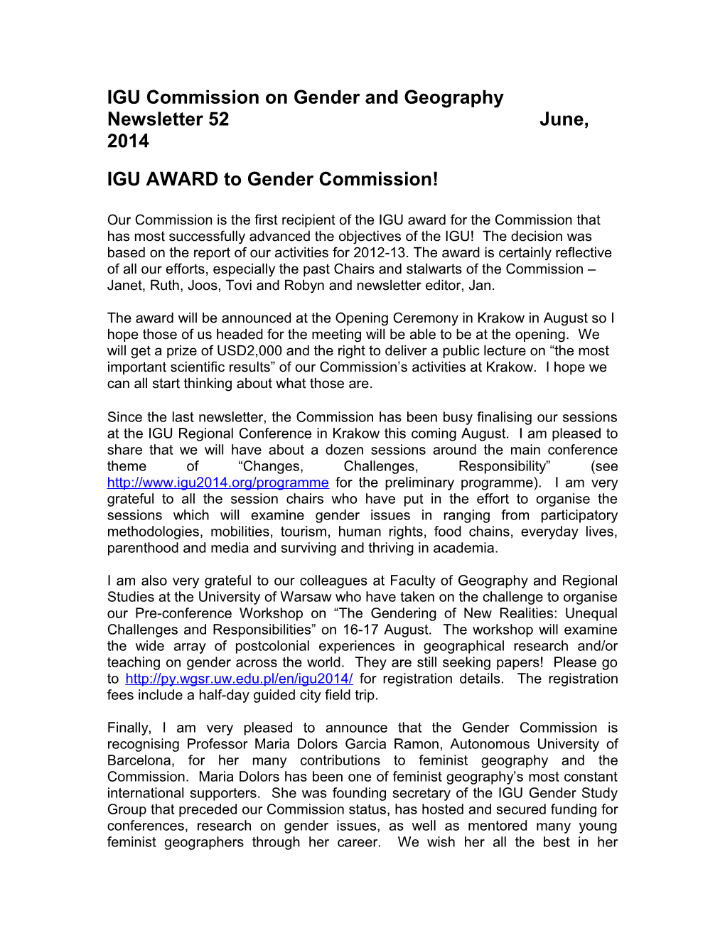 IGU Gender Newsletter 52