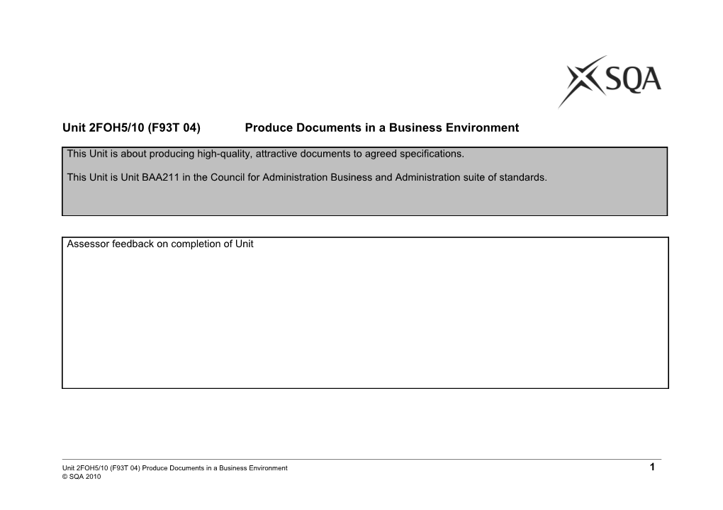 Unit 2FOH5/10 (F93T 04)Produce Documents in a Business Environment