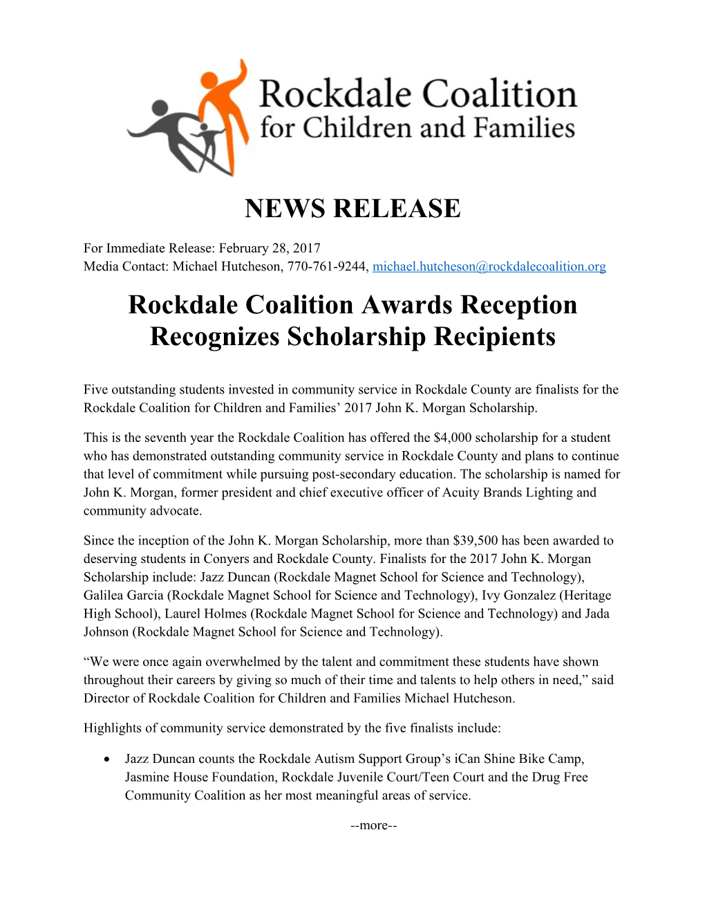 Rockdale Coalition Awards Reception Recognizes Scholarship Recipients