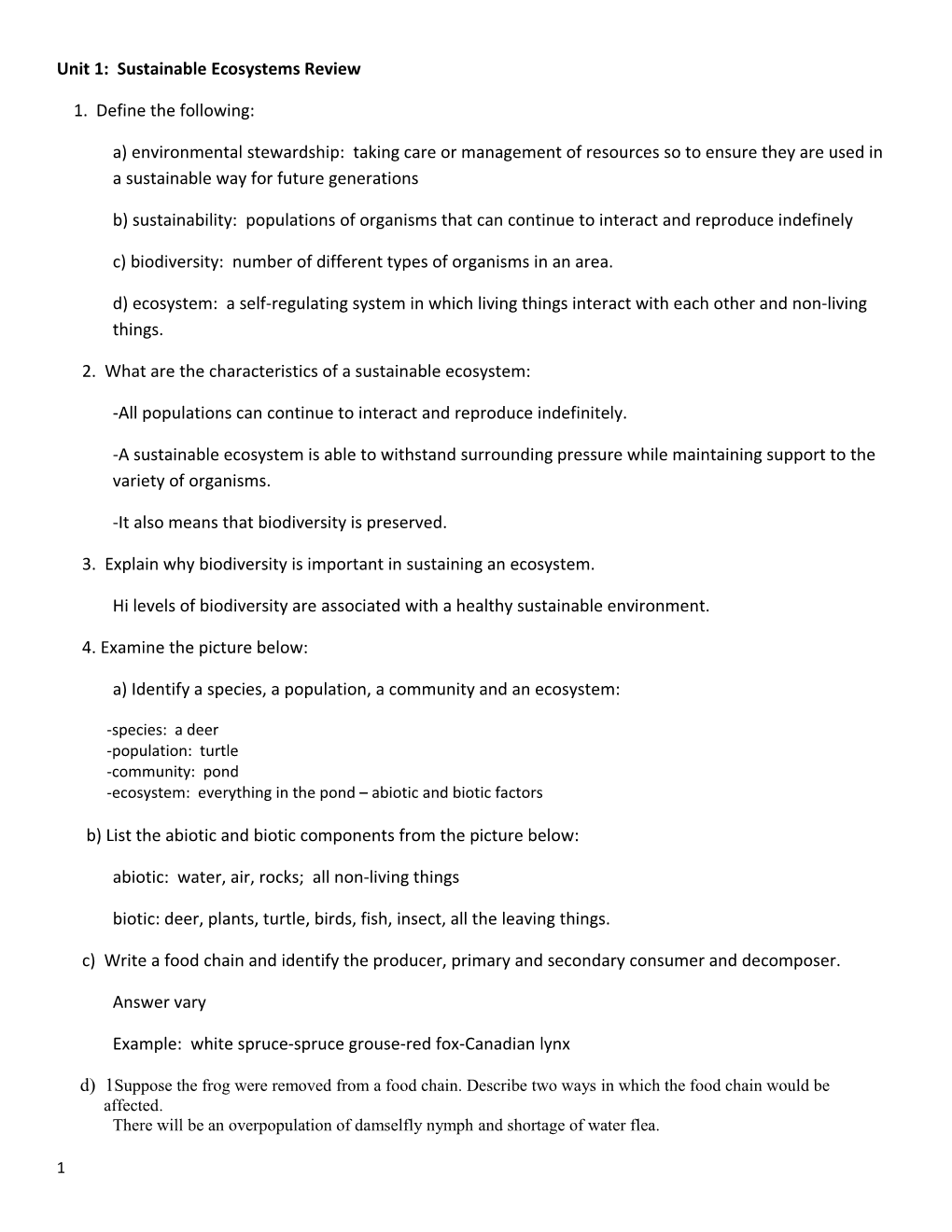 Unit 1: Sustainable Ecosystems Review