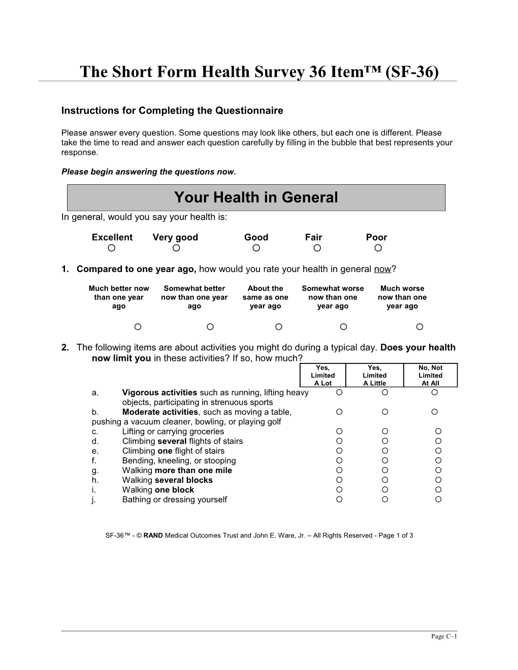 Instructions for Completing the Questionnaire