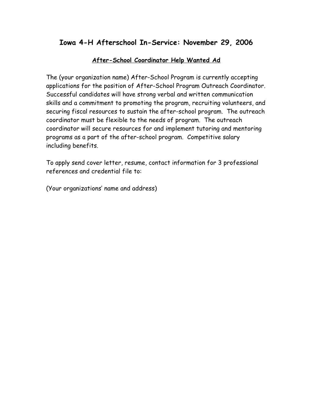 Position Description for the Assistant Director of the Howard-Winneshiek Community School
