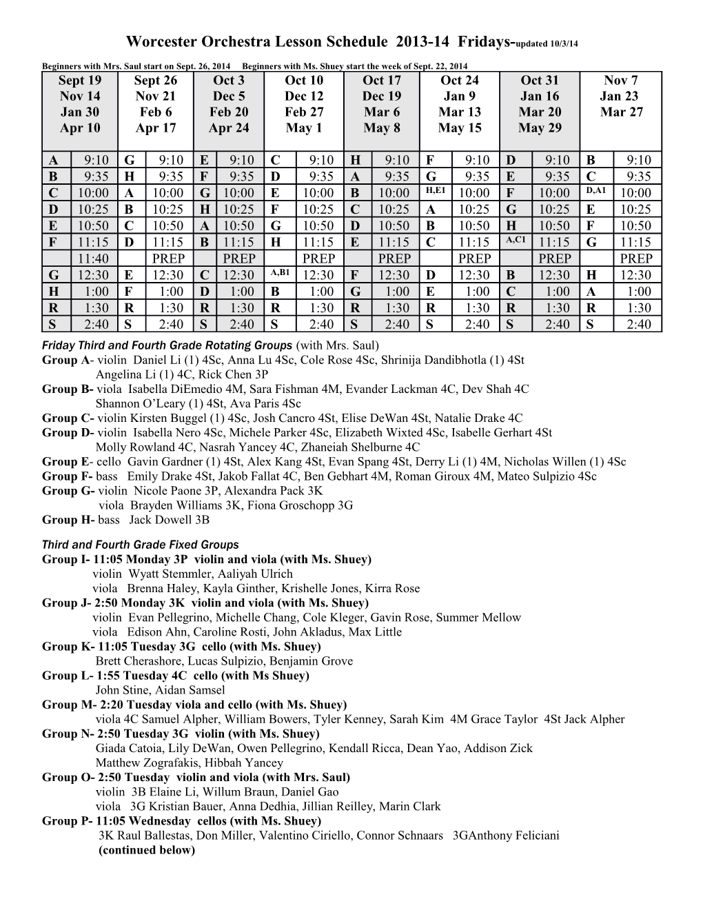 Worcester Orchestra Lesson Schedule 2013-14 Fridays-Updated 10/3/14