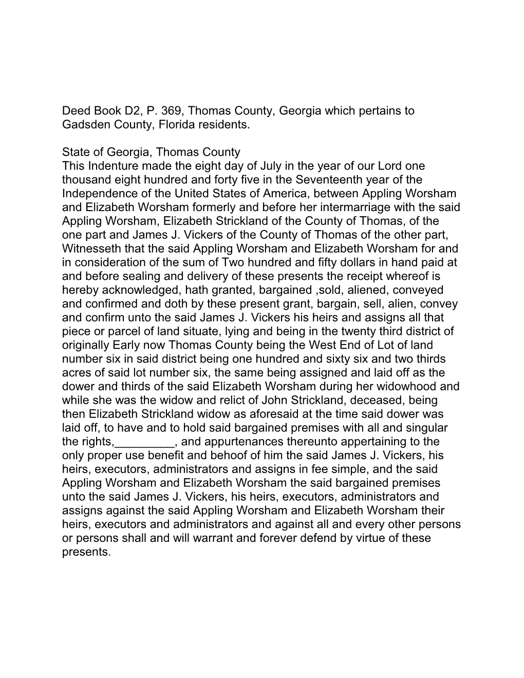 Deed Book D2, P. 369, Thomas County, Georgia Which Pertains to Gadsden County, Florida