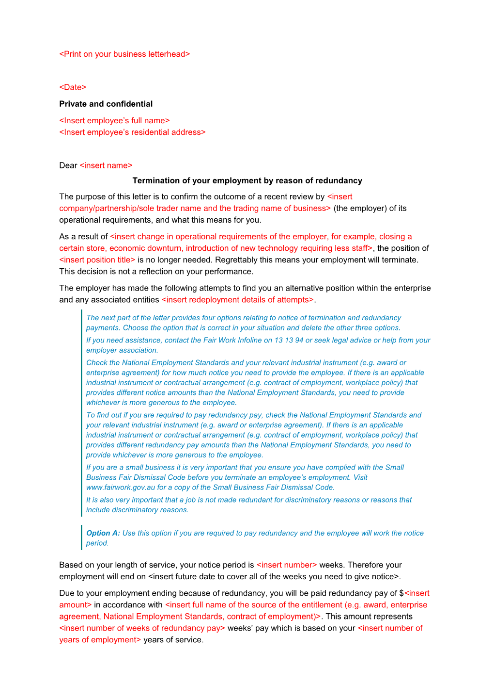 Letter of Termination of Employment (Redundancy) Template