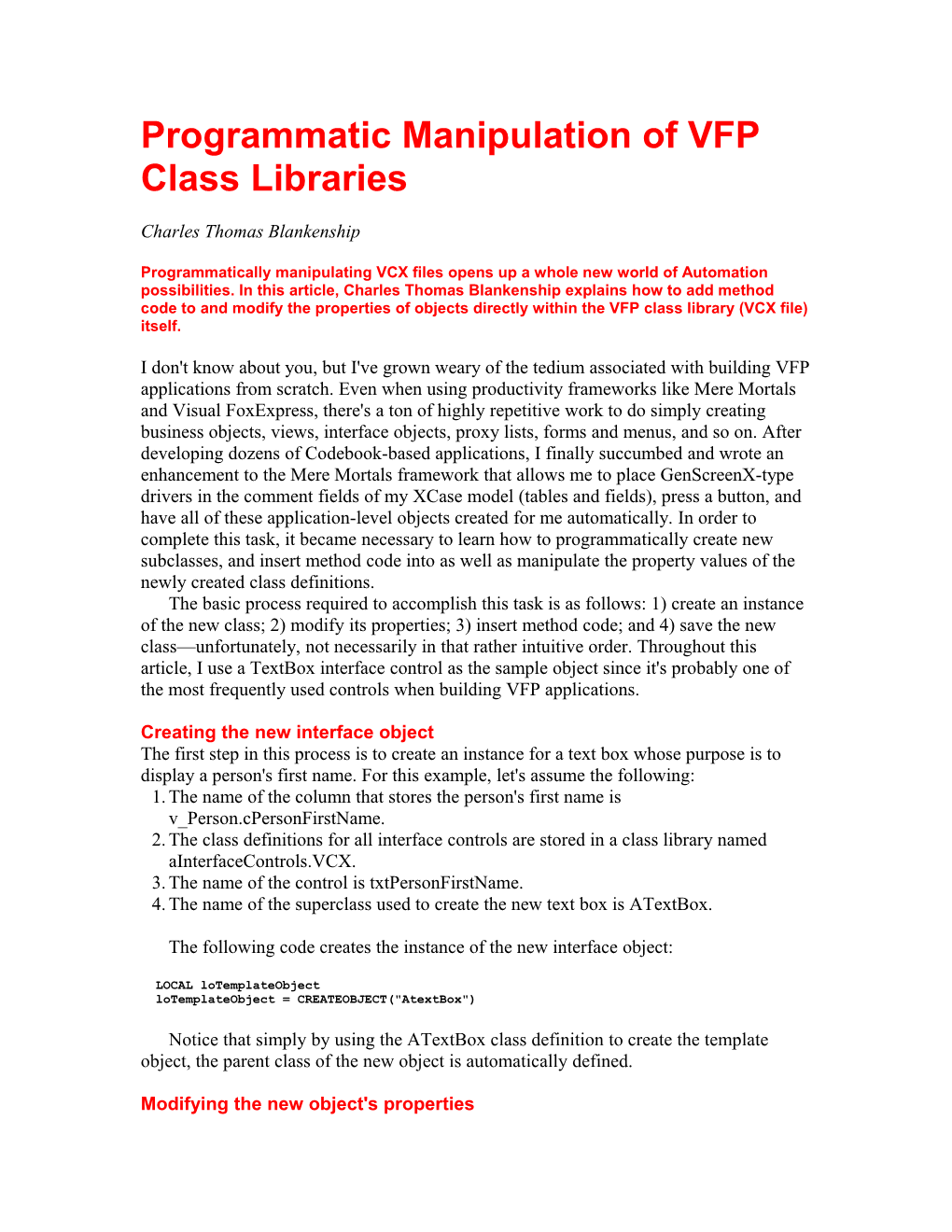 Programmatic Manipulation of VFP Class Libraries