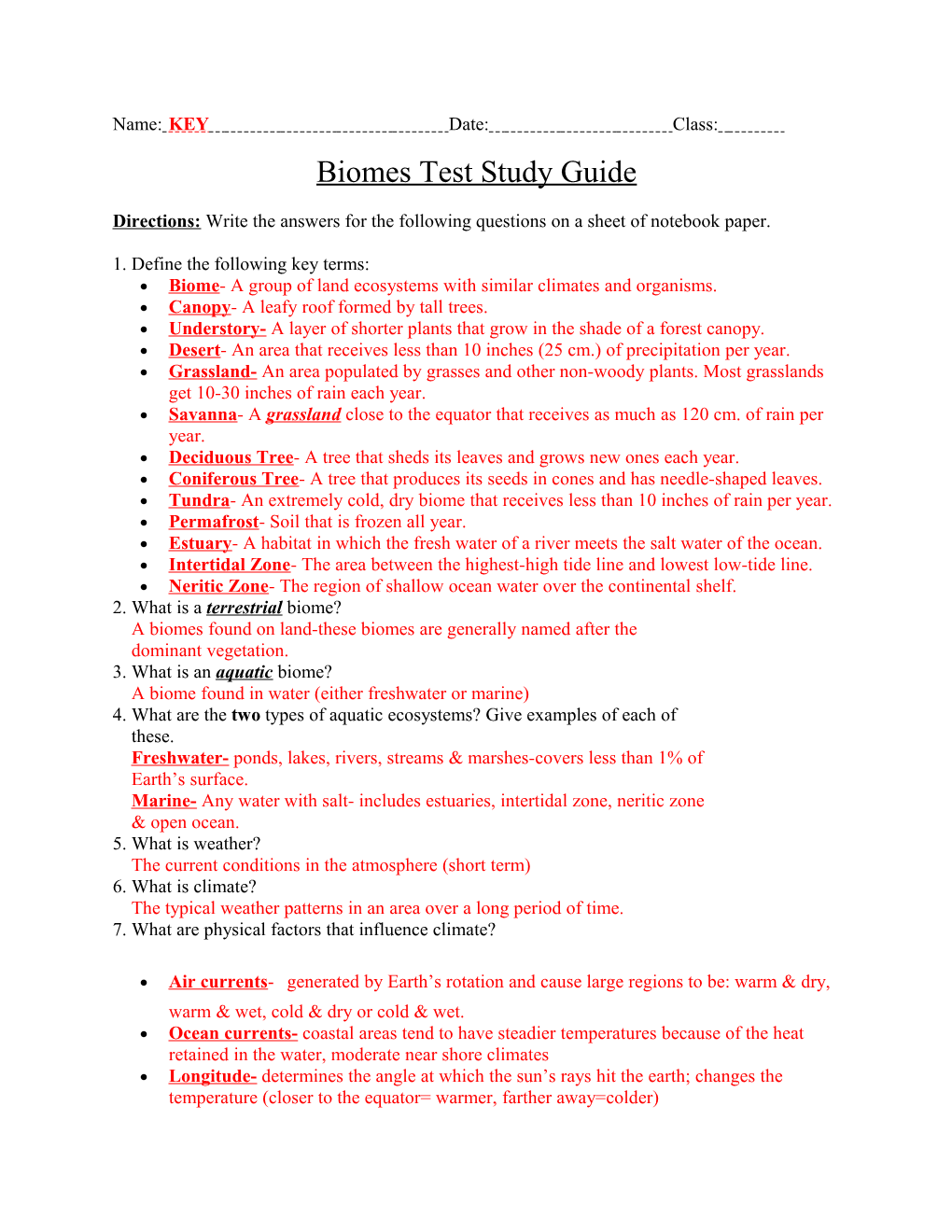 Biomes Test Study Guide