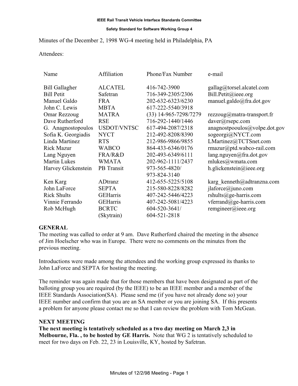 Minutes of the November 20Th, 1996 WG-4 Meeting Held at GRS in Rochester, New York