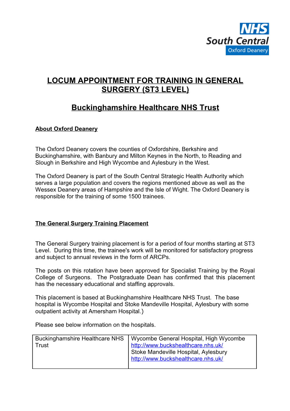 Locum Appointment for Training in General Surgery (St3 Level)