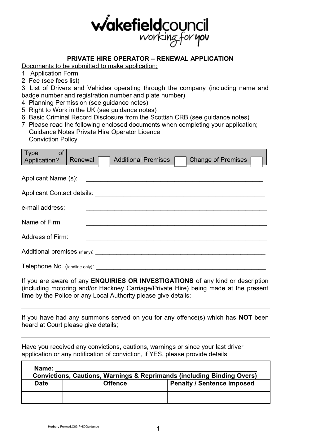 Private Hire Operator Renewal Application Form