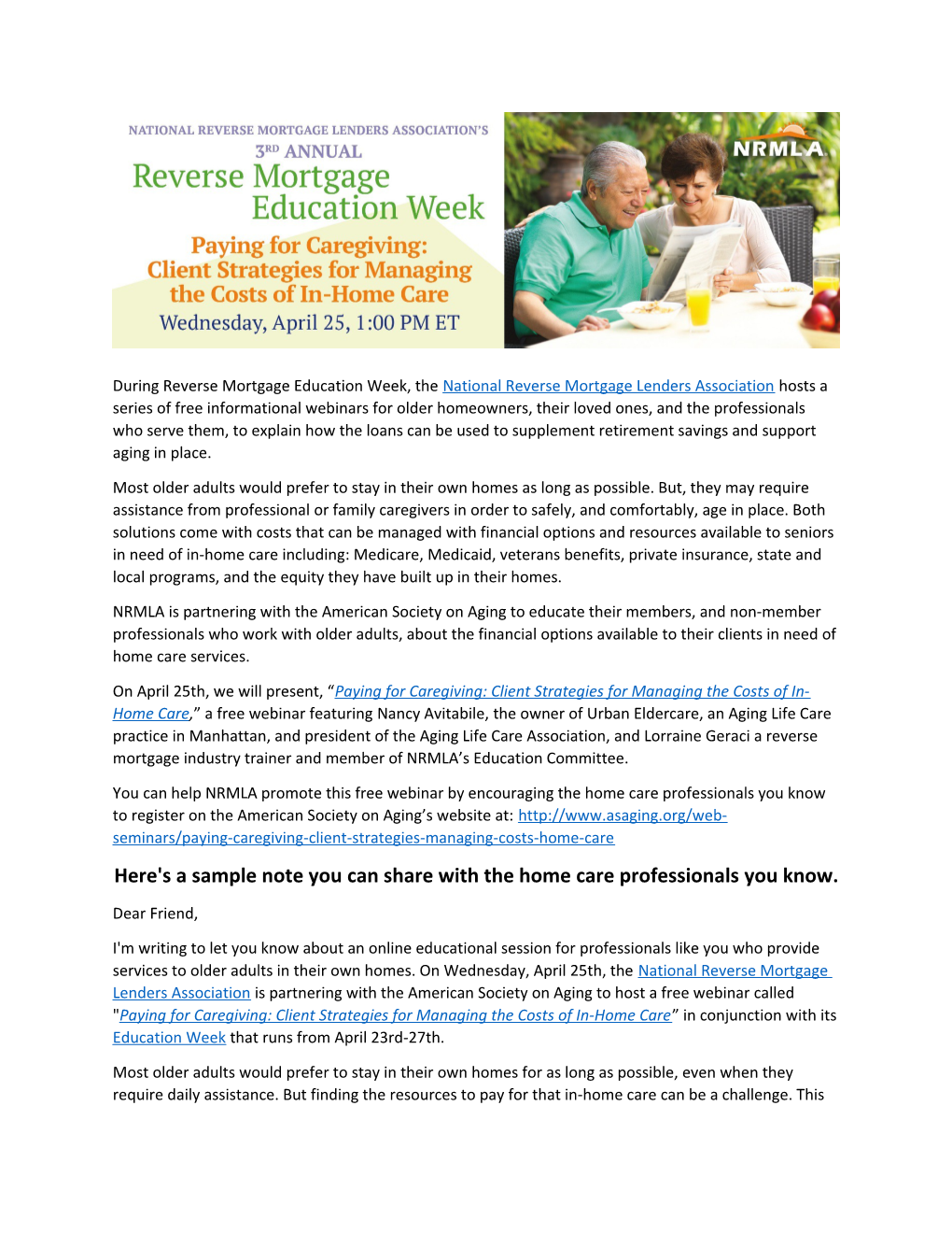 During Reverse Mortgage Education Week, the National Reverse Mortgage Lenders Association