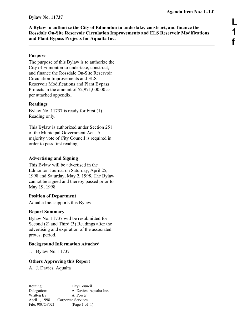 Report for City Council April 21, 1998 Meeting