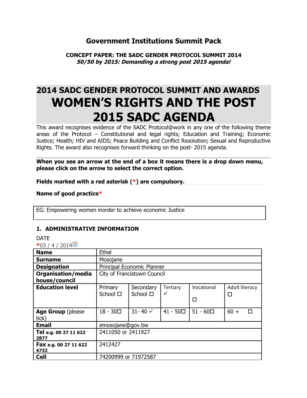 Concept Paper: the Sadc Gender Protocol Summit 2014