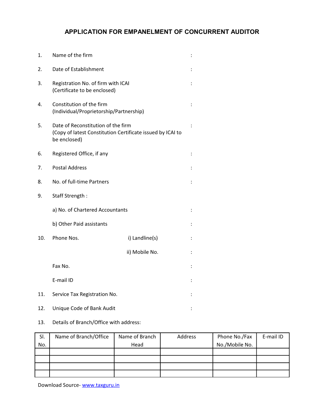 Application for Empanelment of Concurrent Auditor