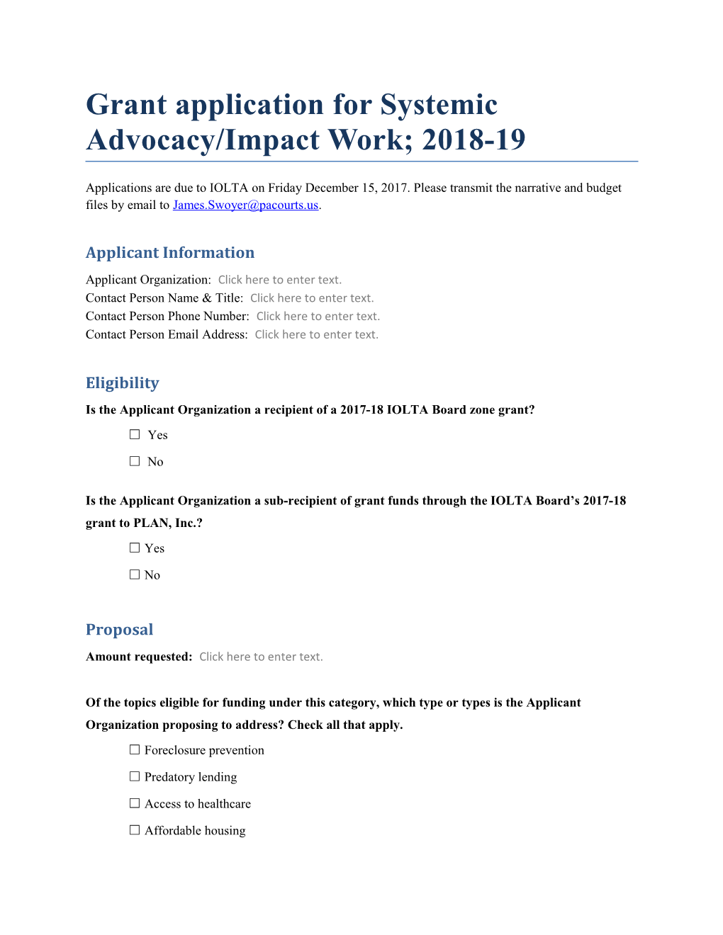 Grant Application for Systemic Advocacy/Impact Work; 2018-19