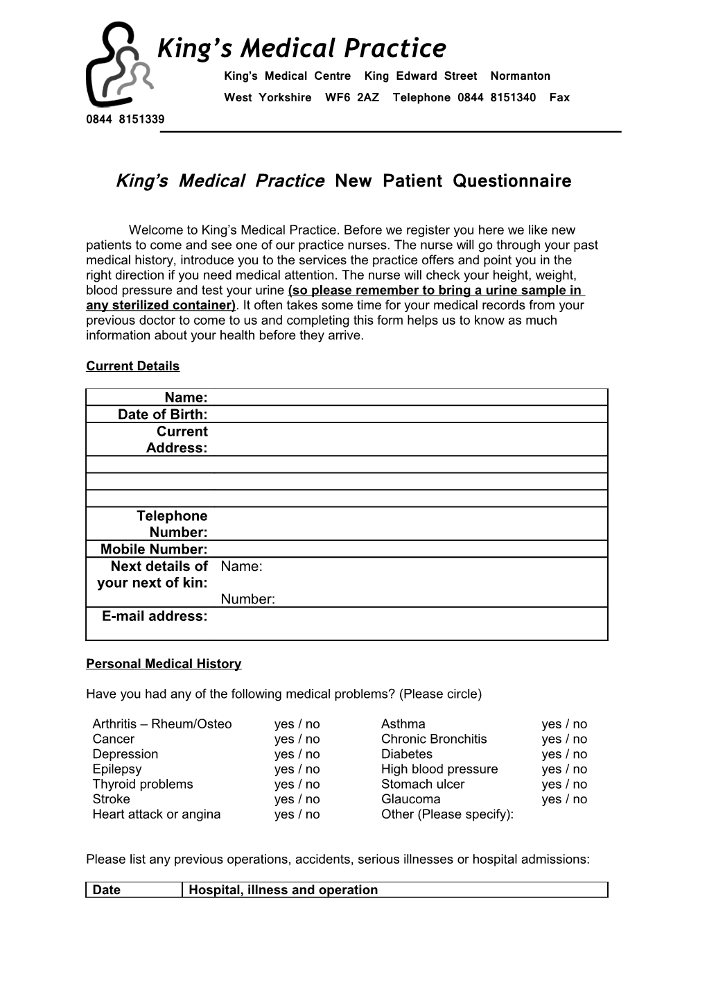 King S Medical Practice New Patient Questionnaire