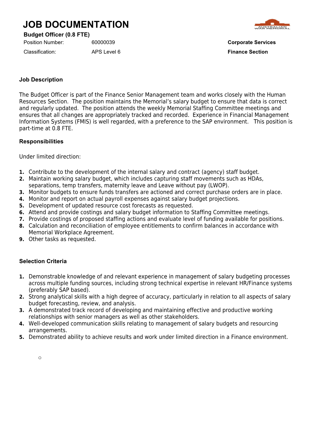 JOB DOCUMENTATION - Budget Officer - APS 6 Finance Officer - 6000039