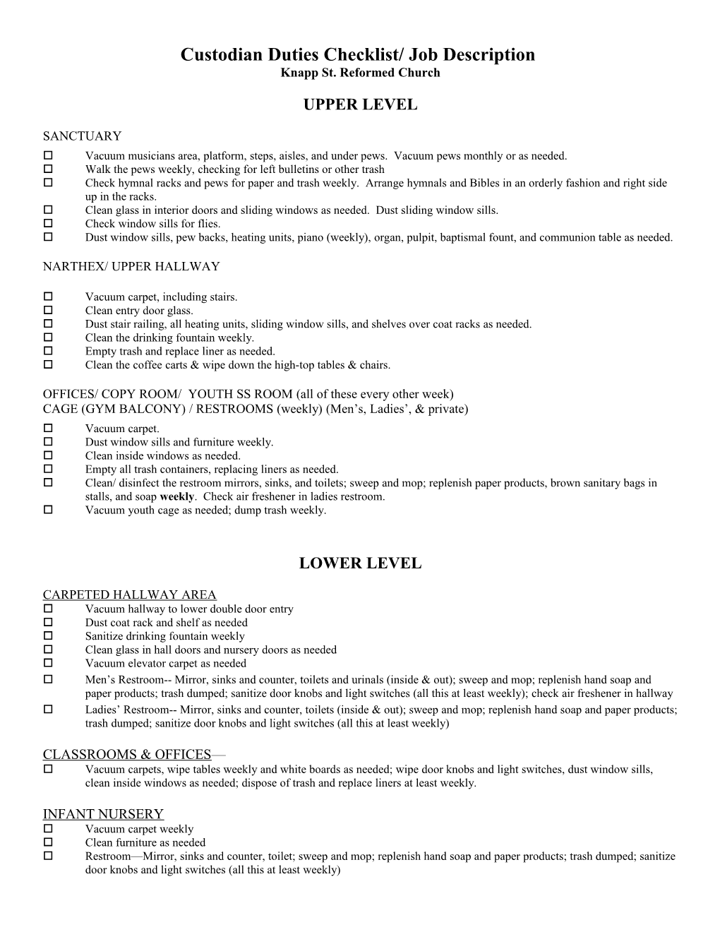 Custodian Duties Checklist/ Job Description