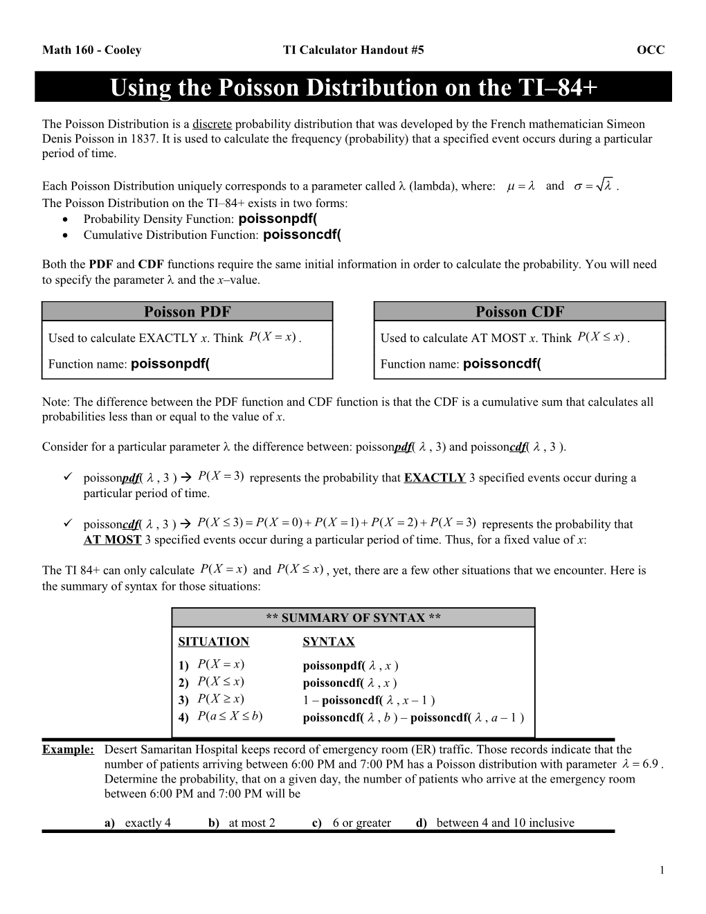 Math 160 - TI Calculator Handout #5