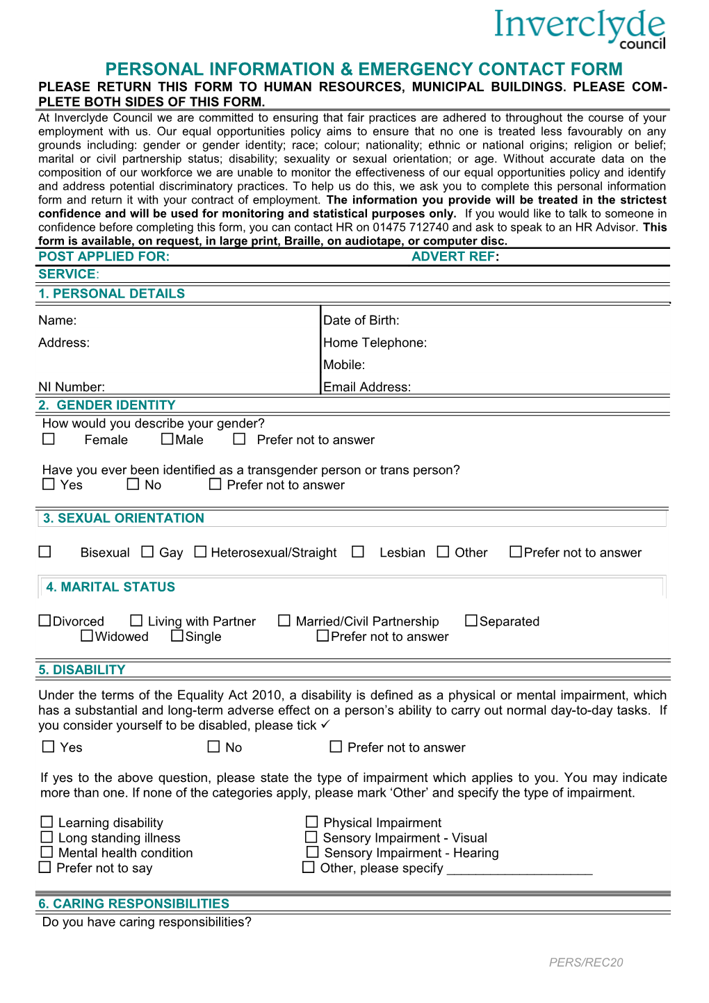 Personal Information & Emergency Contact Form