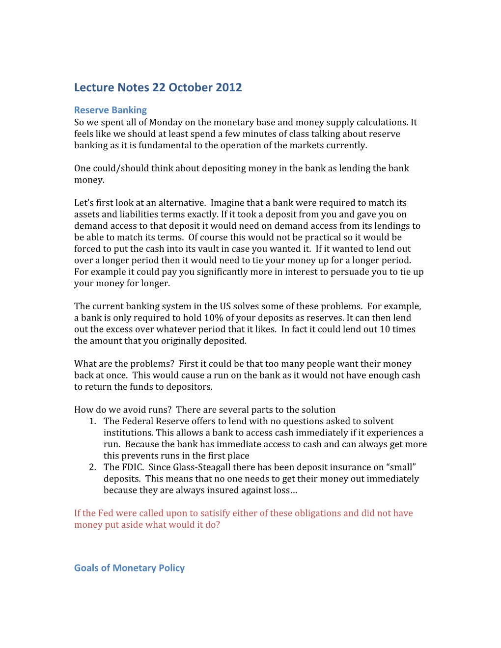 Lecture Notes 22 October 2012