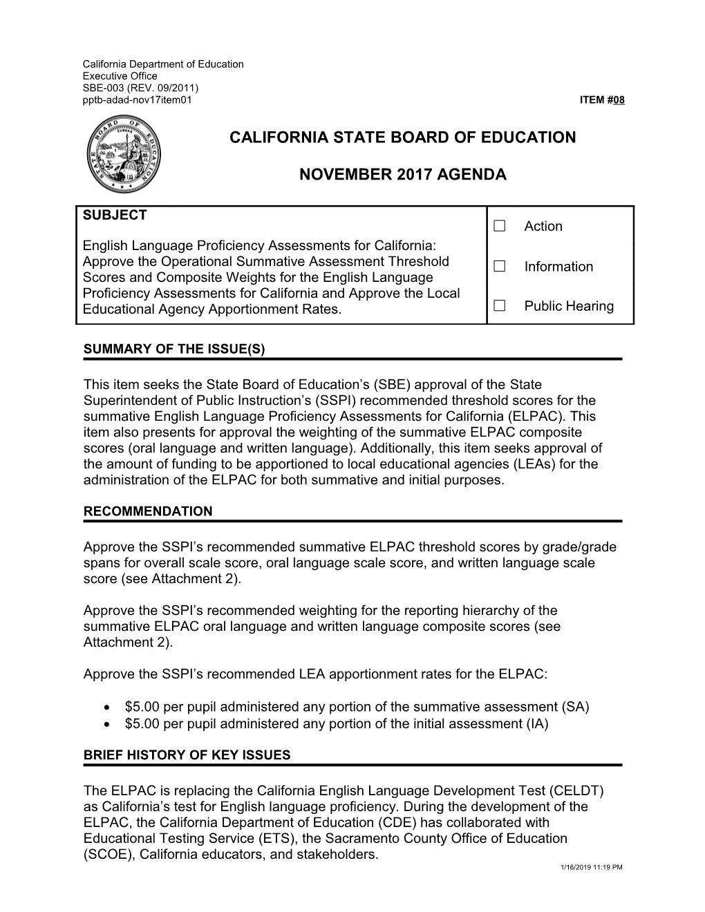 November 2017 Agenda Item 08 - Meeting Agendas (CA State Board of Education)