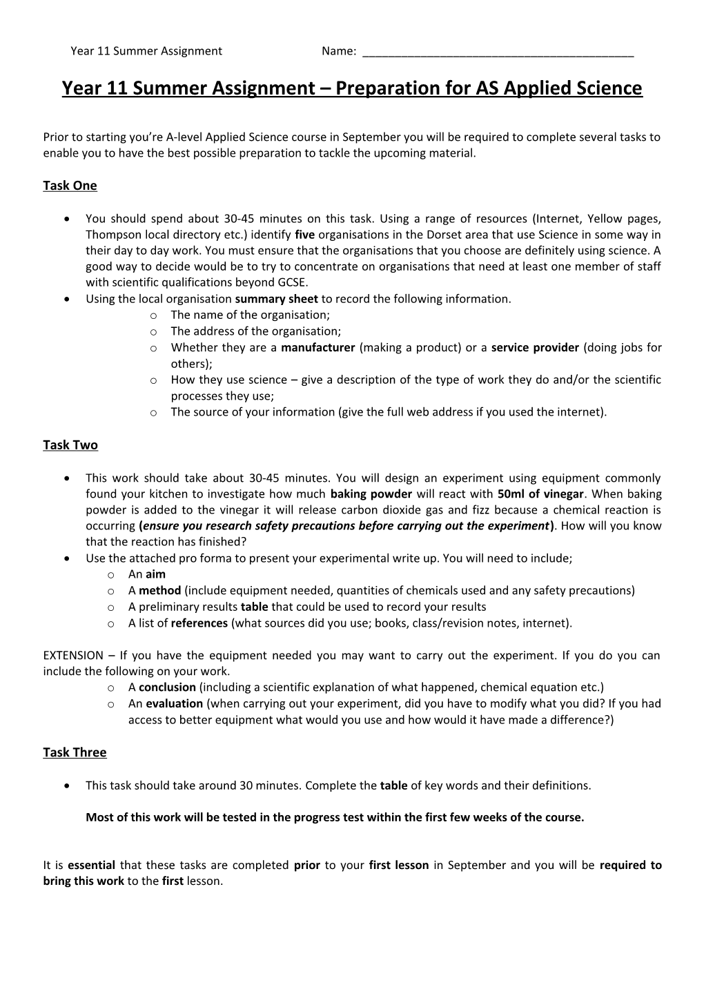 Year 11 Summer Assignment Preparation for AS Applied Science