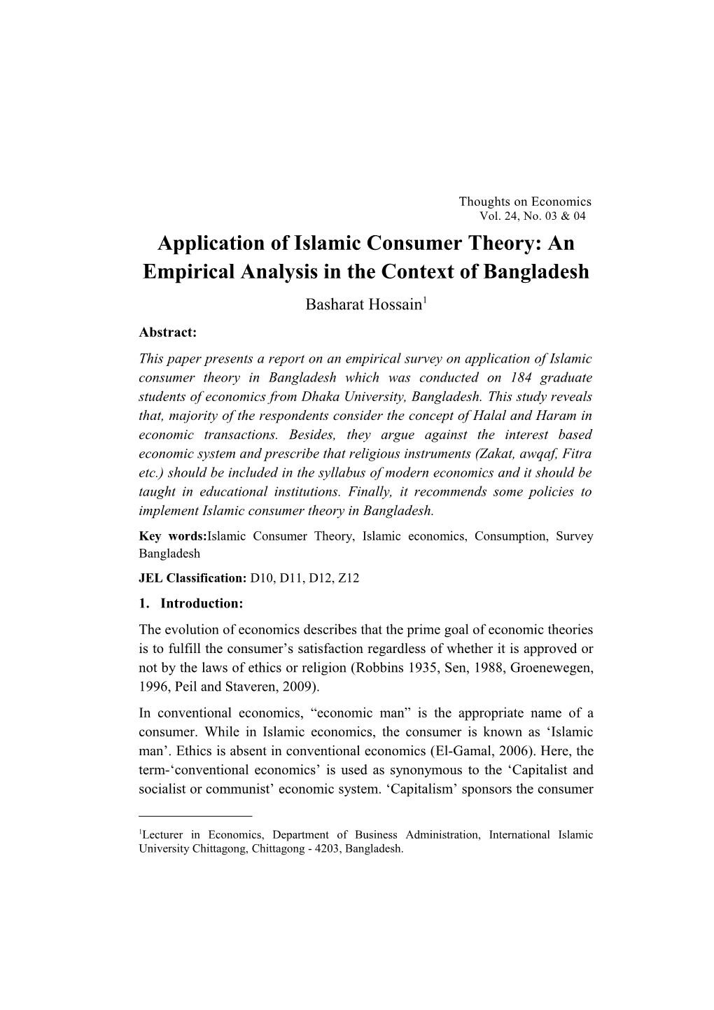 Application of Islamic Consumer Theory: an Empirical Analysis in the Context of Bangladesh