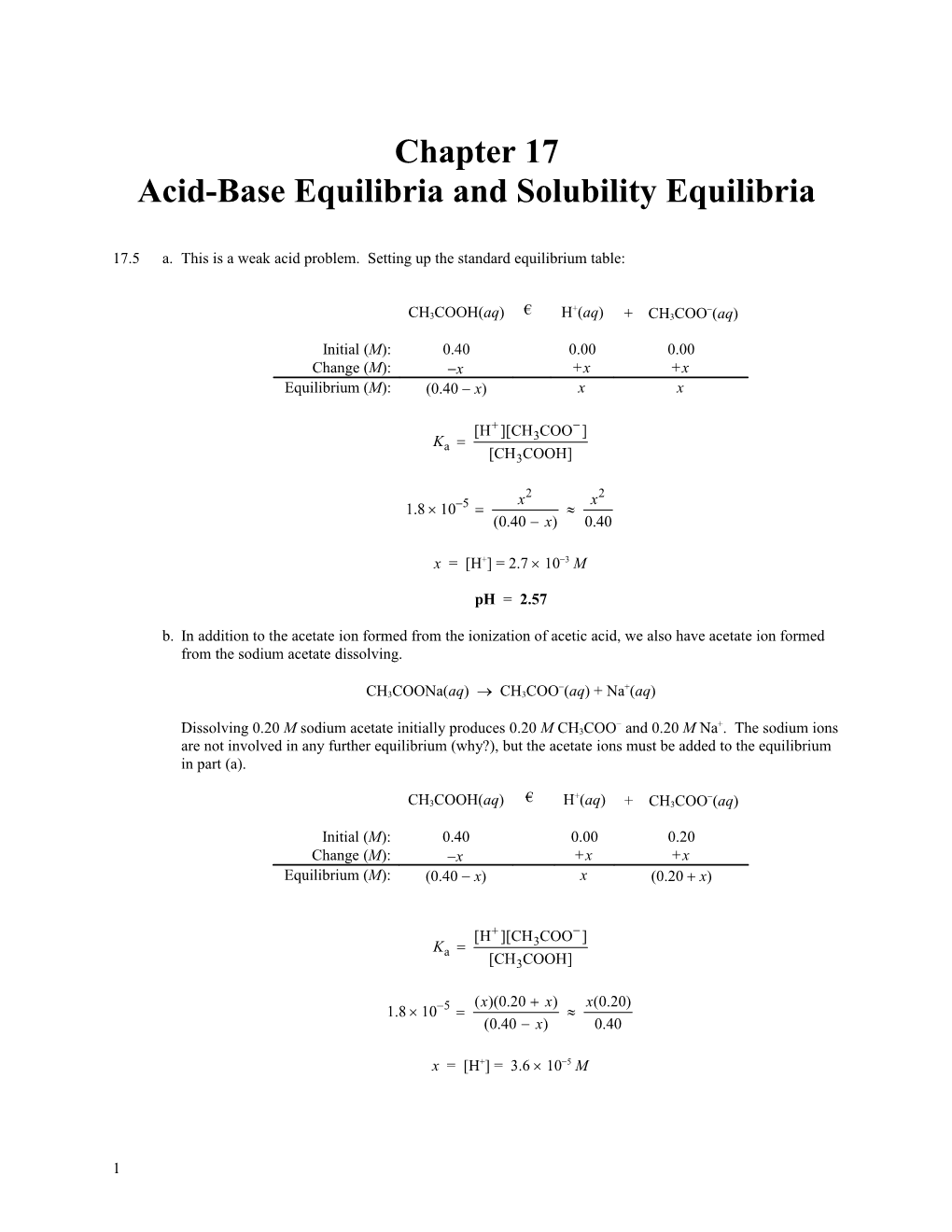 Chapter 17: Acid-Base Equilibria and Solubility Equilibria