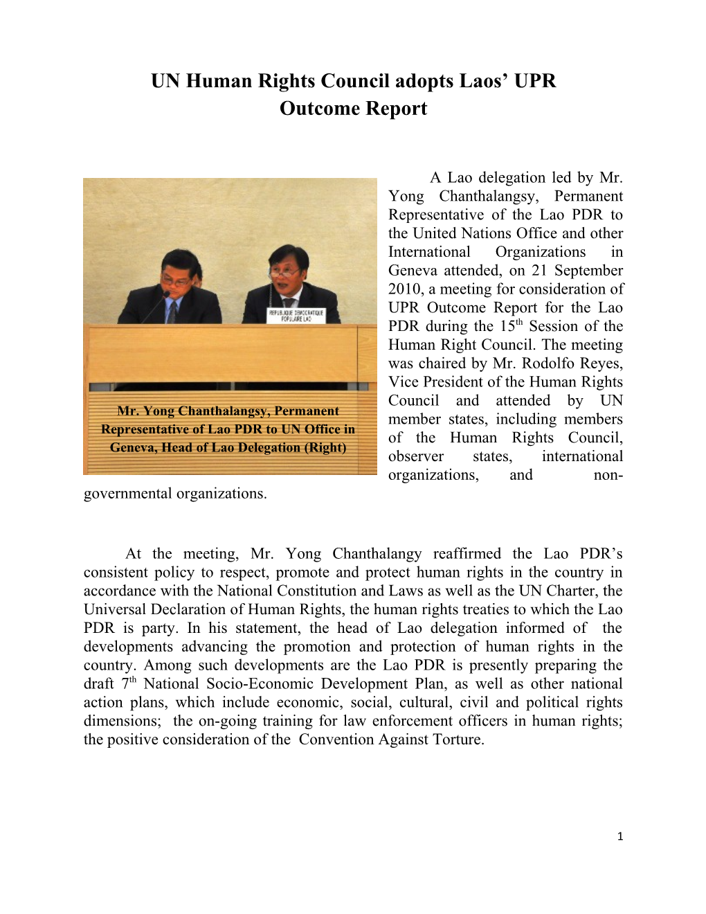 UN Human Rights Council Adopts Laos UPR Outcome Report