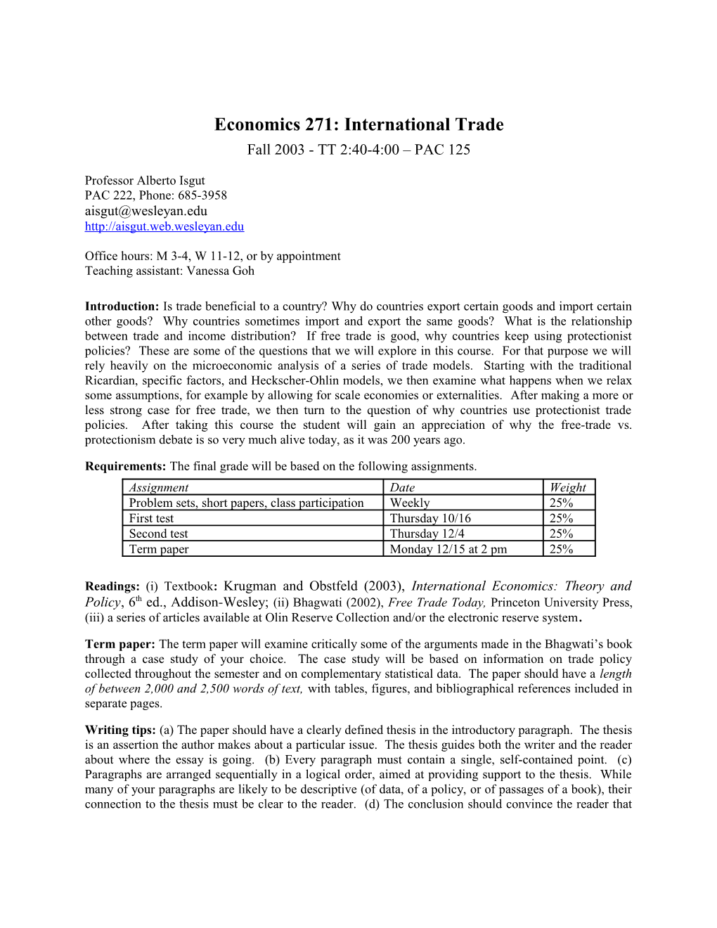 Economics 271: International Trade