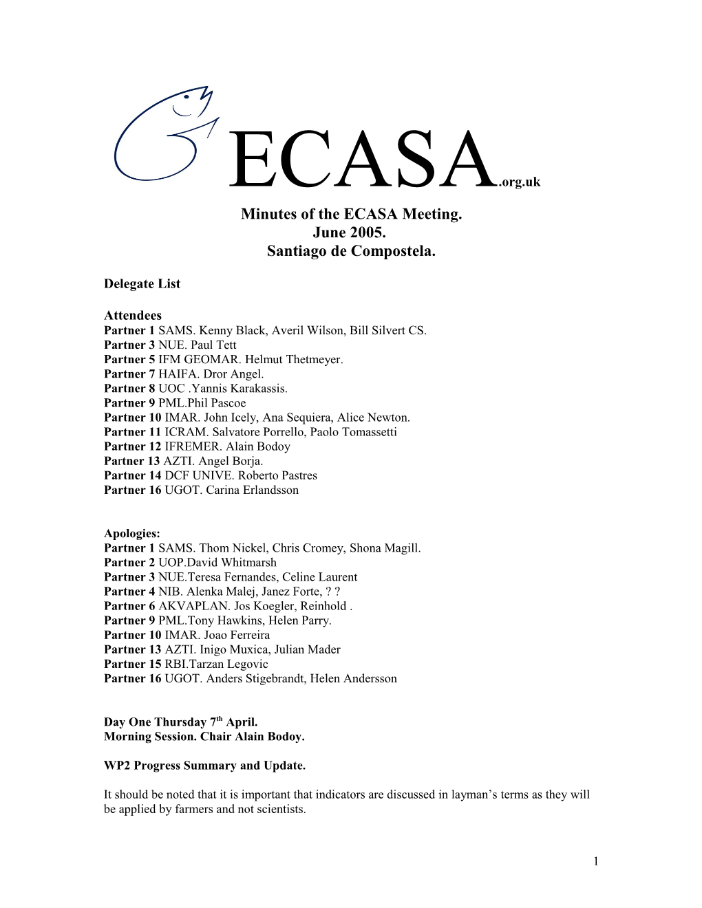 Minutes of the ECASA Meeting April 2005