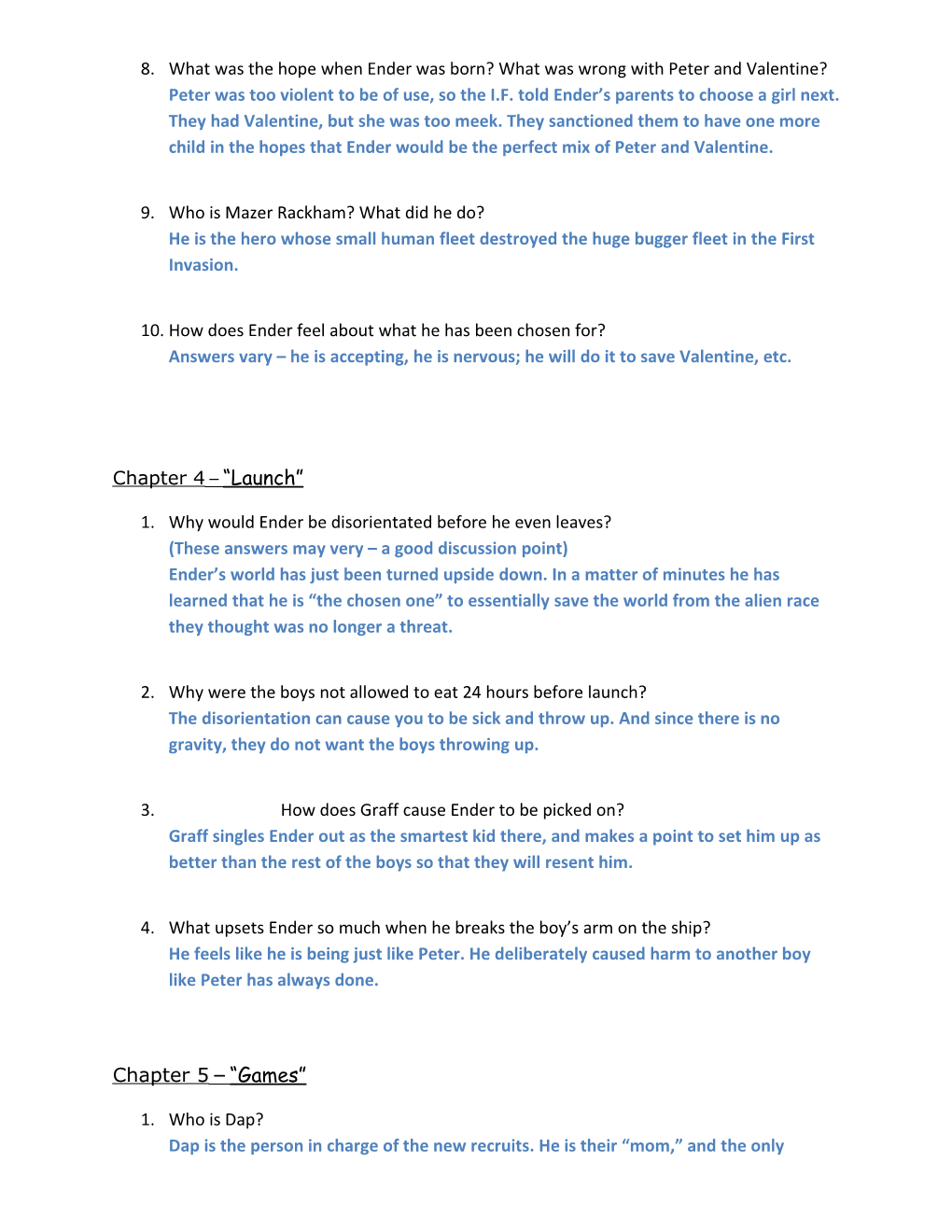 Ender S Game Study Guide KEY
