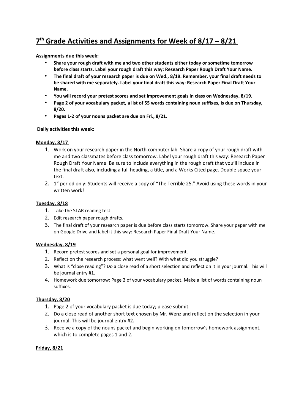 7Th Grade Activities and Assignments for Week of 8/17 8/21