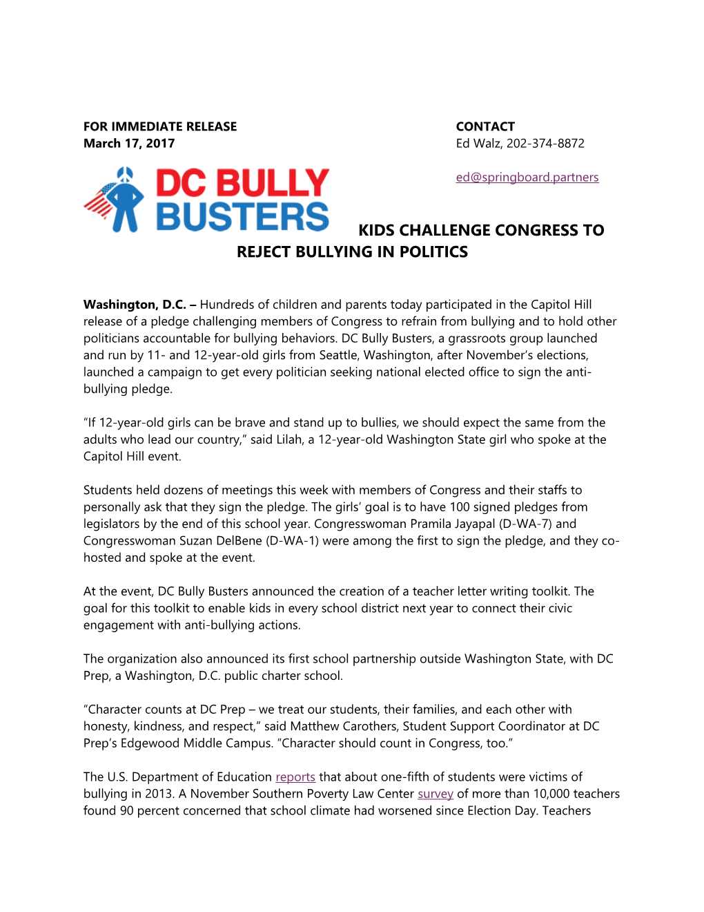 Kids Challenge Congress to Reject Bullying in Politics