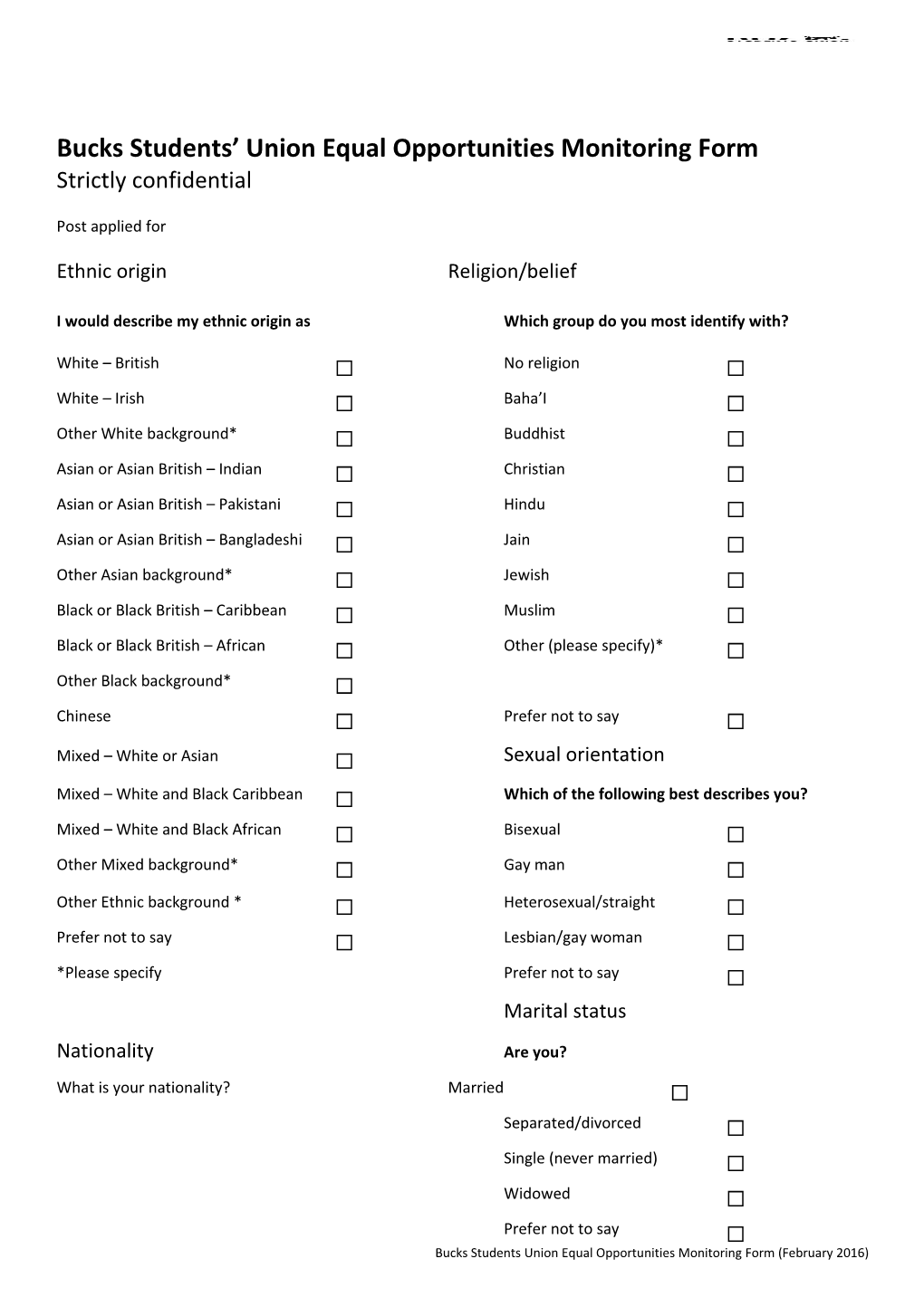 Bucks Students Union Equal Opportunities Monitoring Form