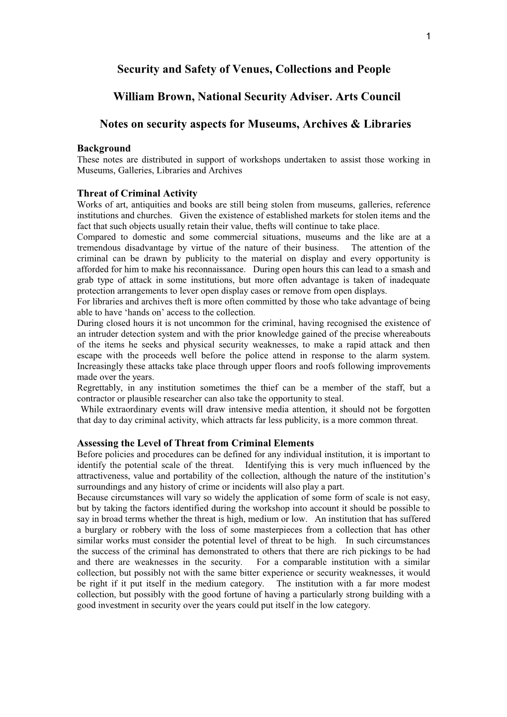 Security and Safety of Venues, Collections and People
