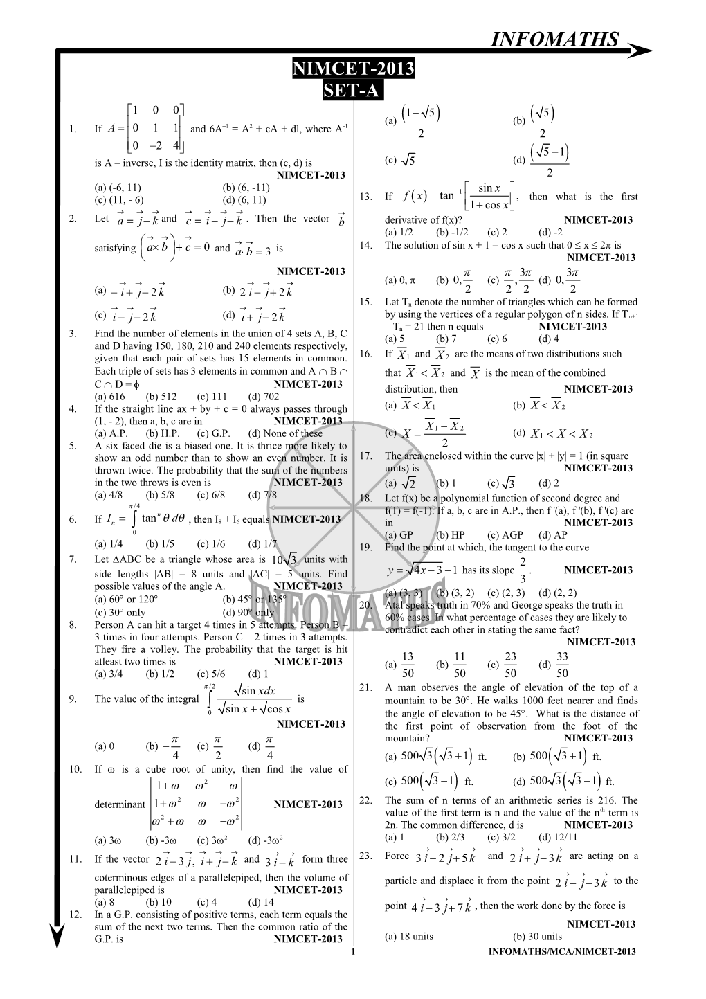 1 Infomaths/Mca/Nimcet-2013