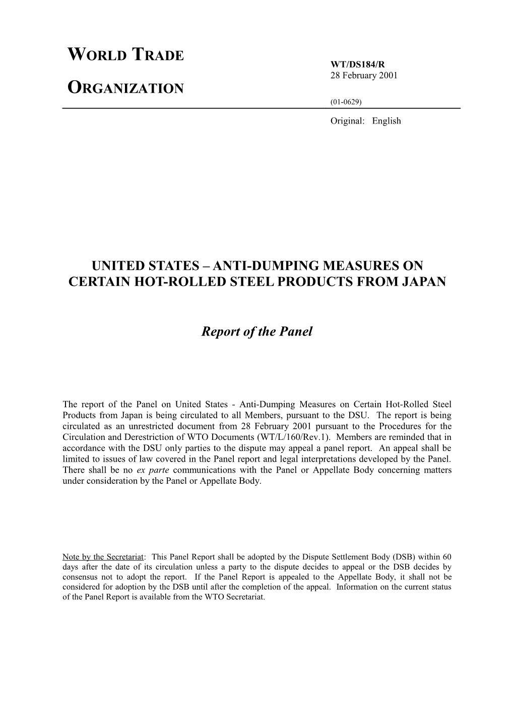 United States Anti-Dumping Measures on Certain Hot-Rolled Steel Products from Japan