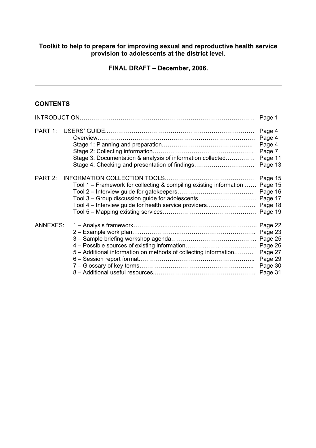 Rapid Assessment Tool for Collecting Information on Adolescents Access to Reproductive