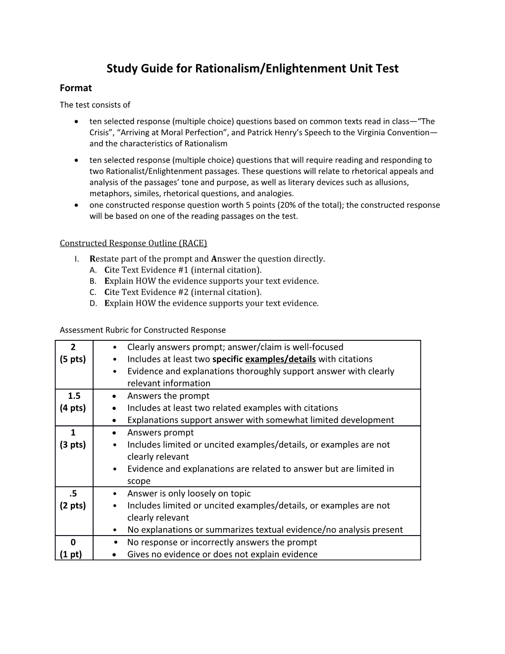 Study Guide for Rationalism/Enlightenment Unit Test